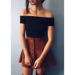 NEW | CHOLES | Faux Suede Velveteen Button Front Chestnut Camel Brown Skirt XL